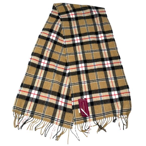 John Hanly Irish Wool Scarf Short Camel of Merrick Tartan Plaid Check Unisex New - Picture 2 of 5